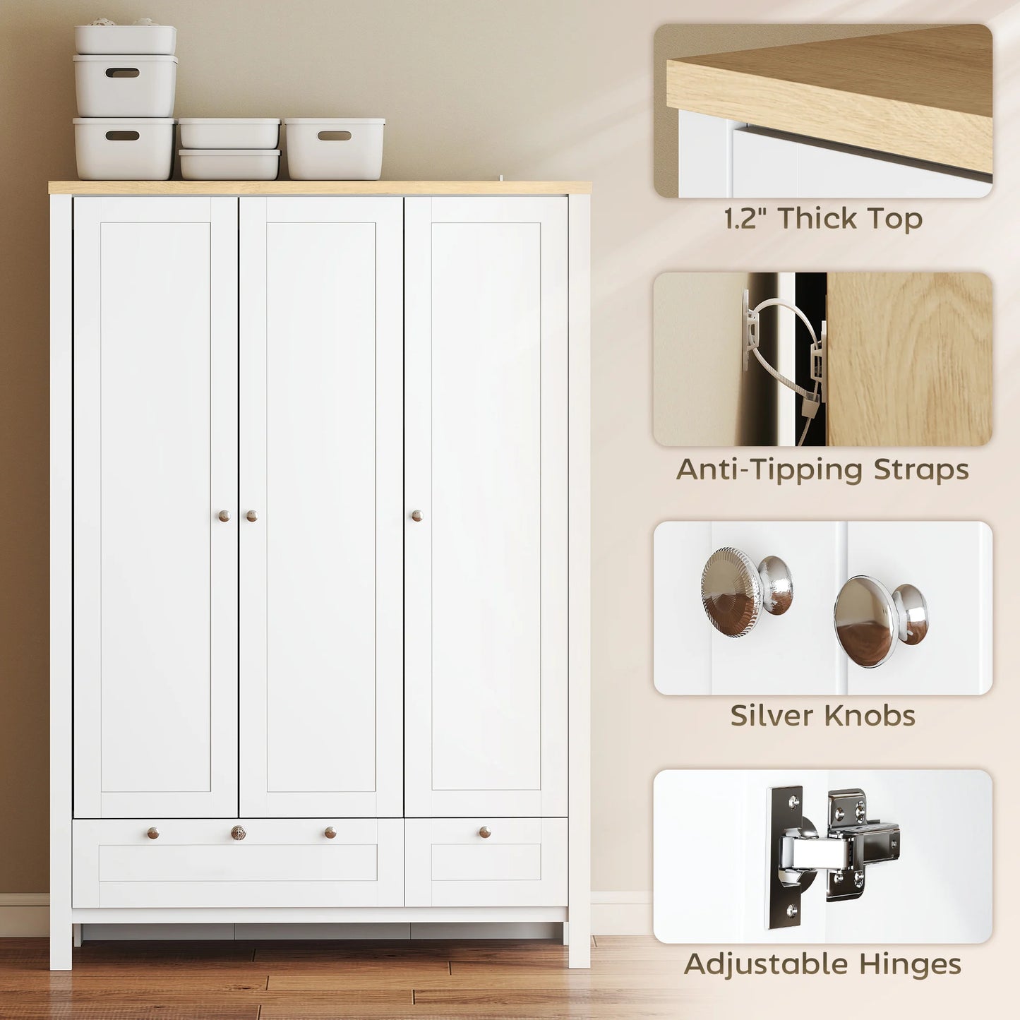 HOMCOM 3-Door Wardrobe With Drawers