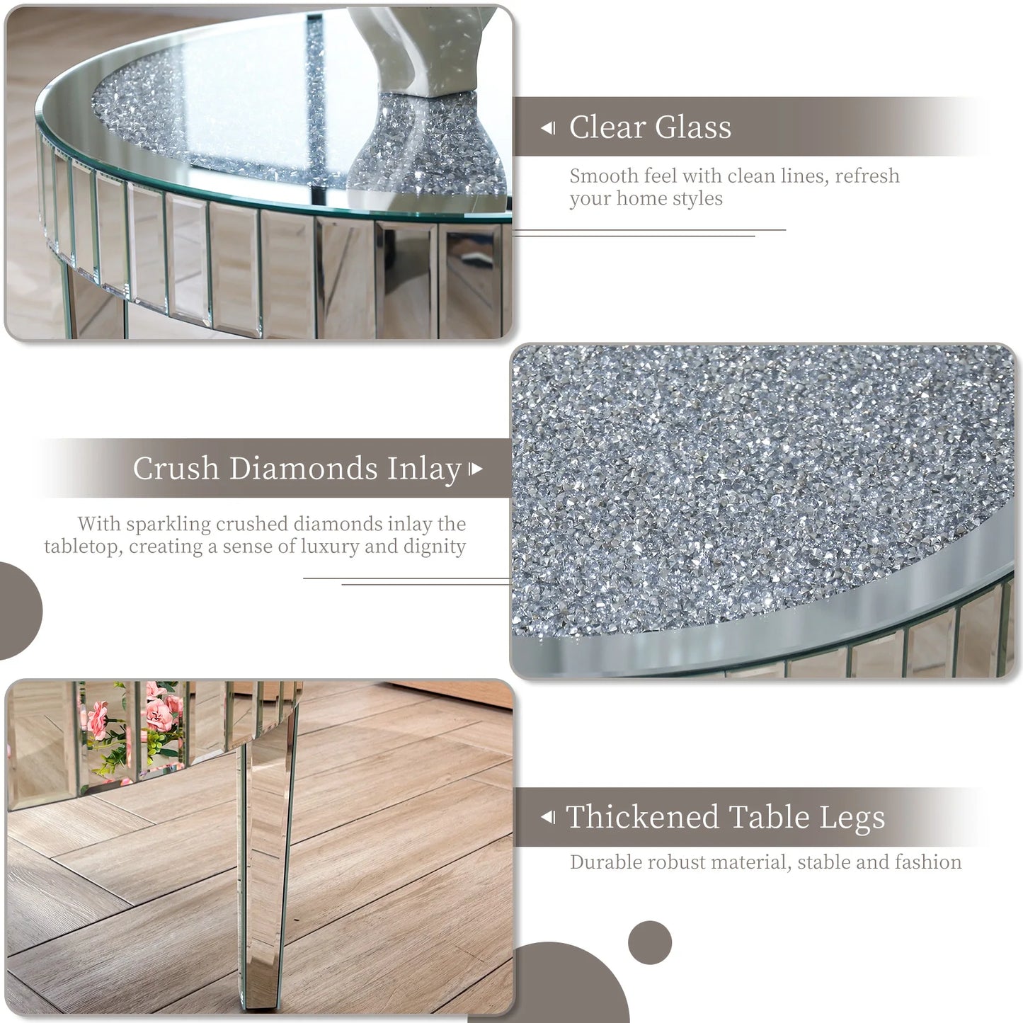 Mirrored Round Coffee Table With Crystal Inlay