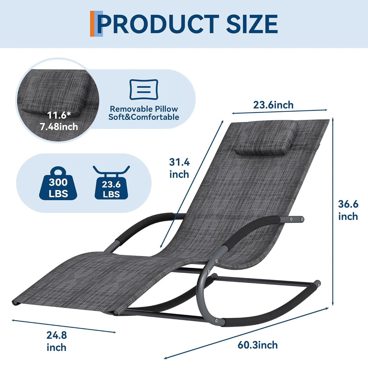 Outdoor Rocking Lounge Chair With Detachable Pillow, Patio Reclining Chaise Chair With Cushion For Porch Garden Lawn Deck Poolside