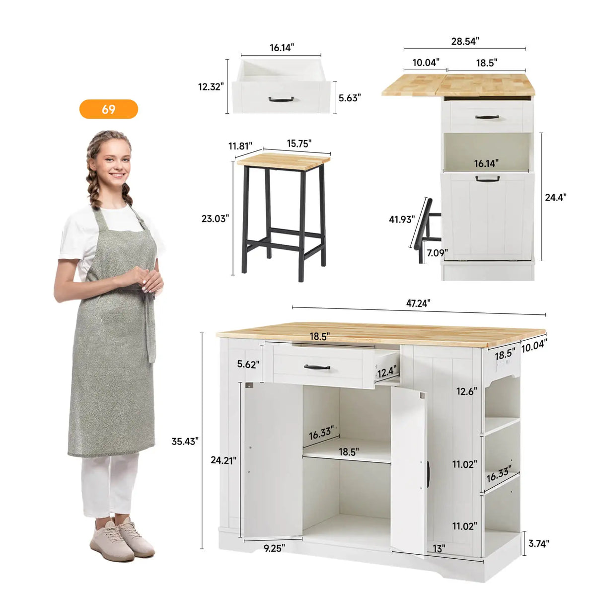 ONBRILL Kitchen Island With Drop Leaf And Chairs