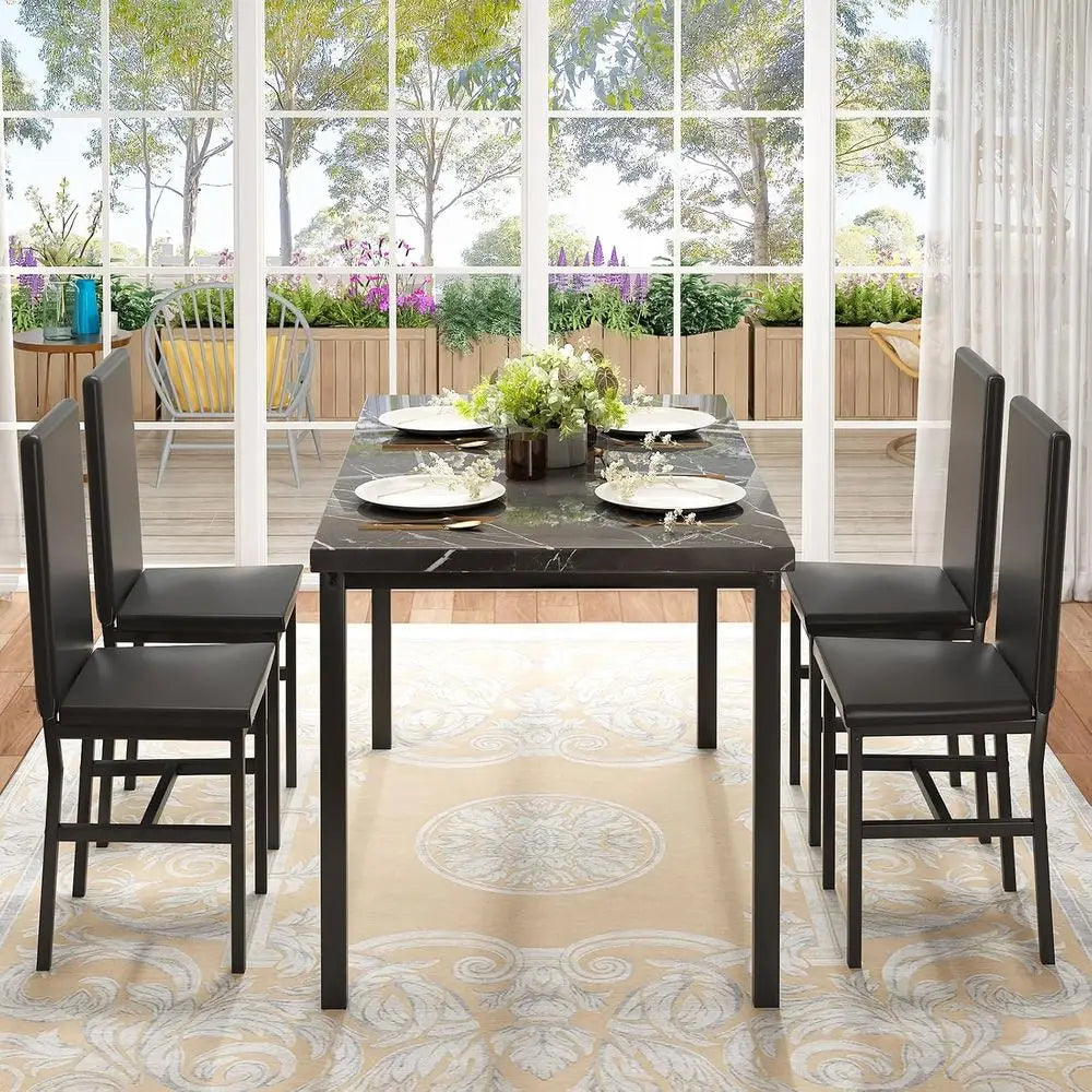 Dining Table Set or 4, ern aux Marble Kitchen Table with 4 PU Leather Chairs, 5 Piece Dining Room Sets or Dinette, Breakast Nook