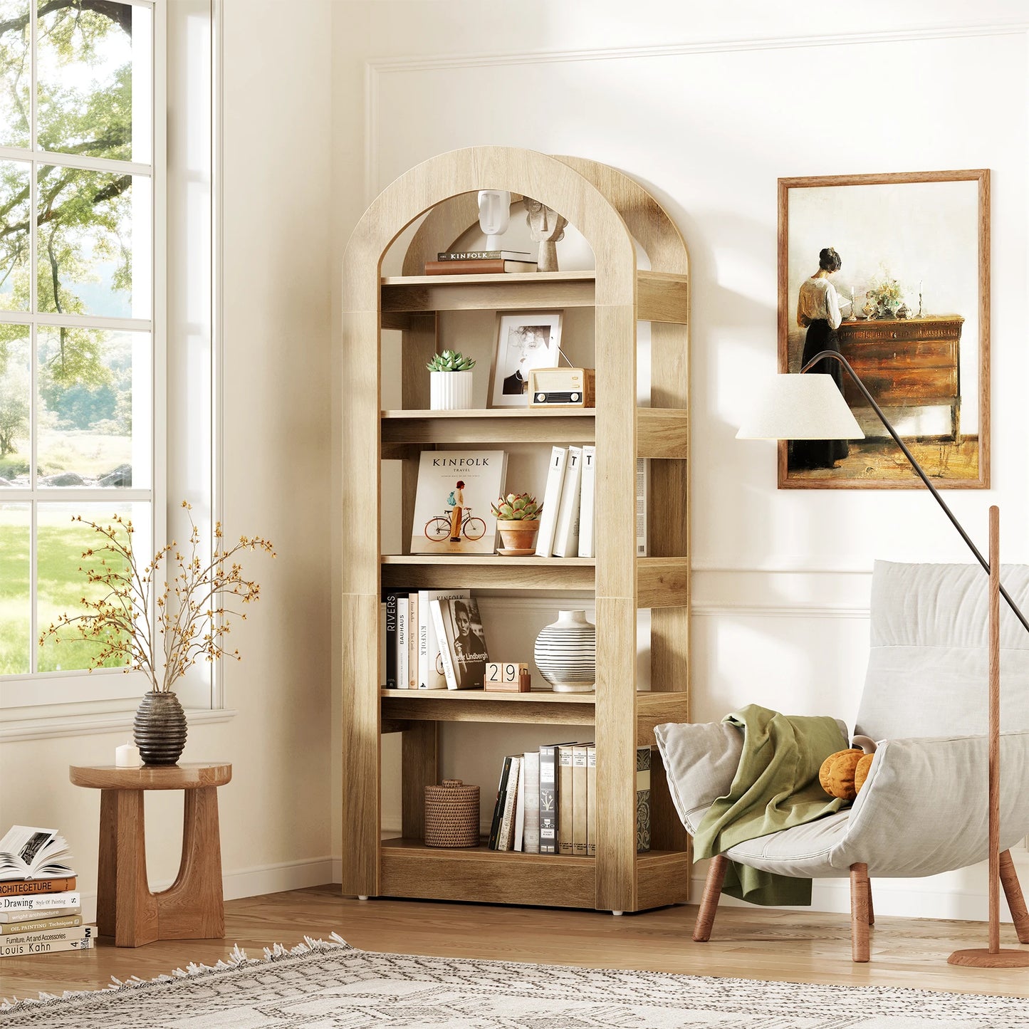 Tribesigns Rustic Oak Five Tier Arched Bookshelf