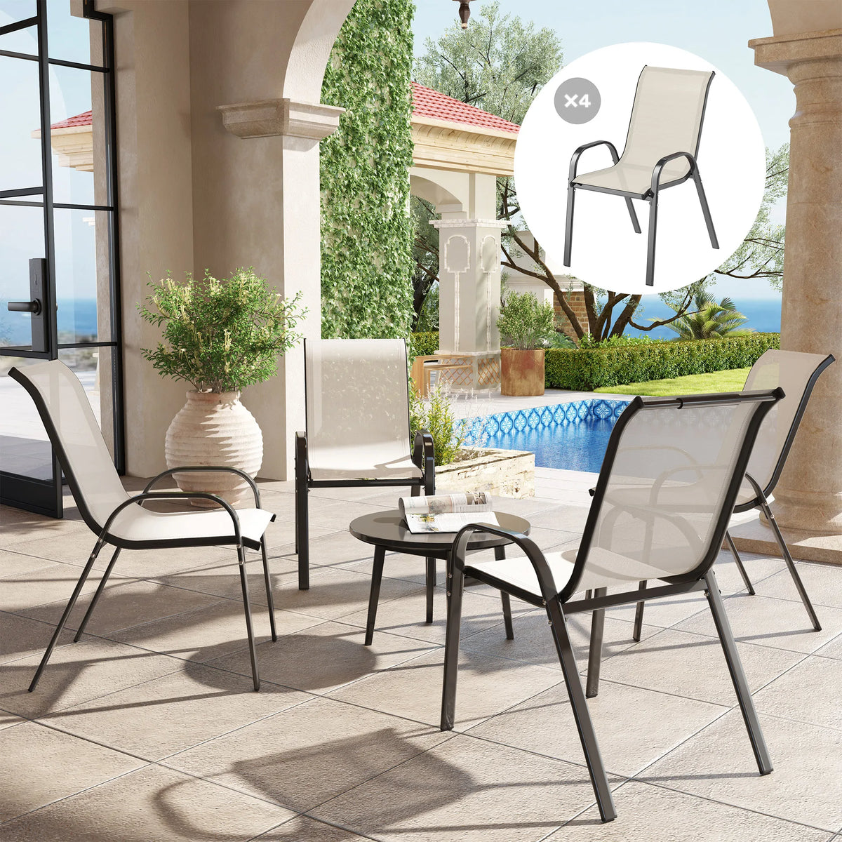 Set of 4 Patio Dining Chairs, Stackable Outdoor Chairs, Beige