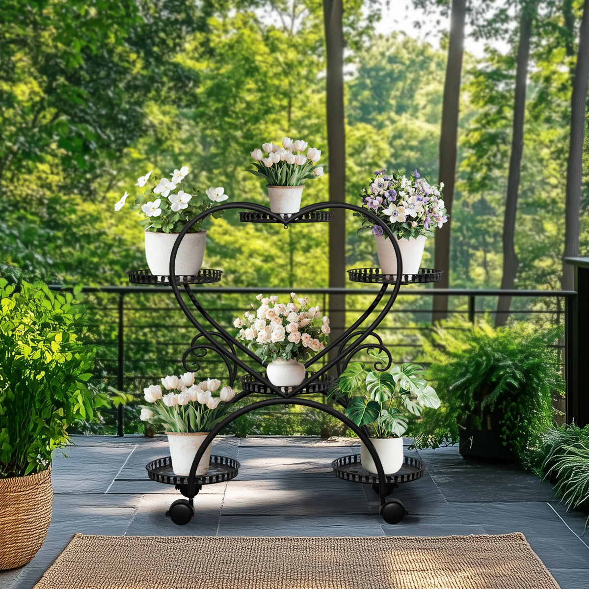 Wisfor 6 Tier Black Metal Heart Shape Plant Stand With Wheels