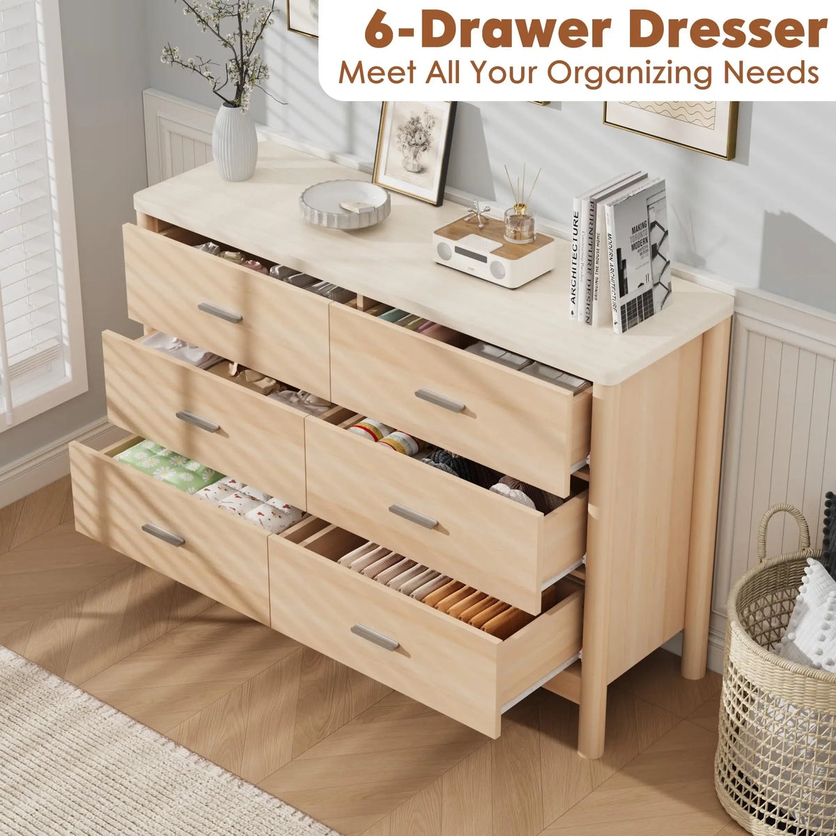 6 Drawer Dresser, Wooden Chest Of Drawers With Metal Handles, Freestanding TV Storage Cabinet For Bedroom, Living Room, Entryway