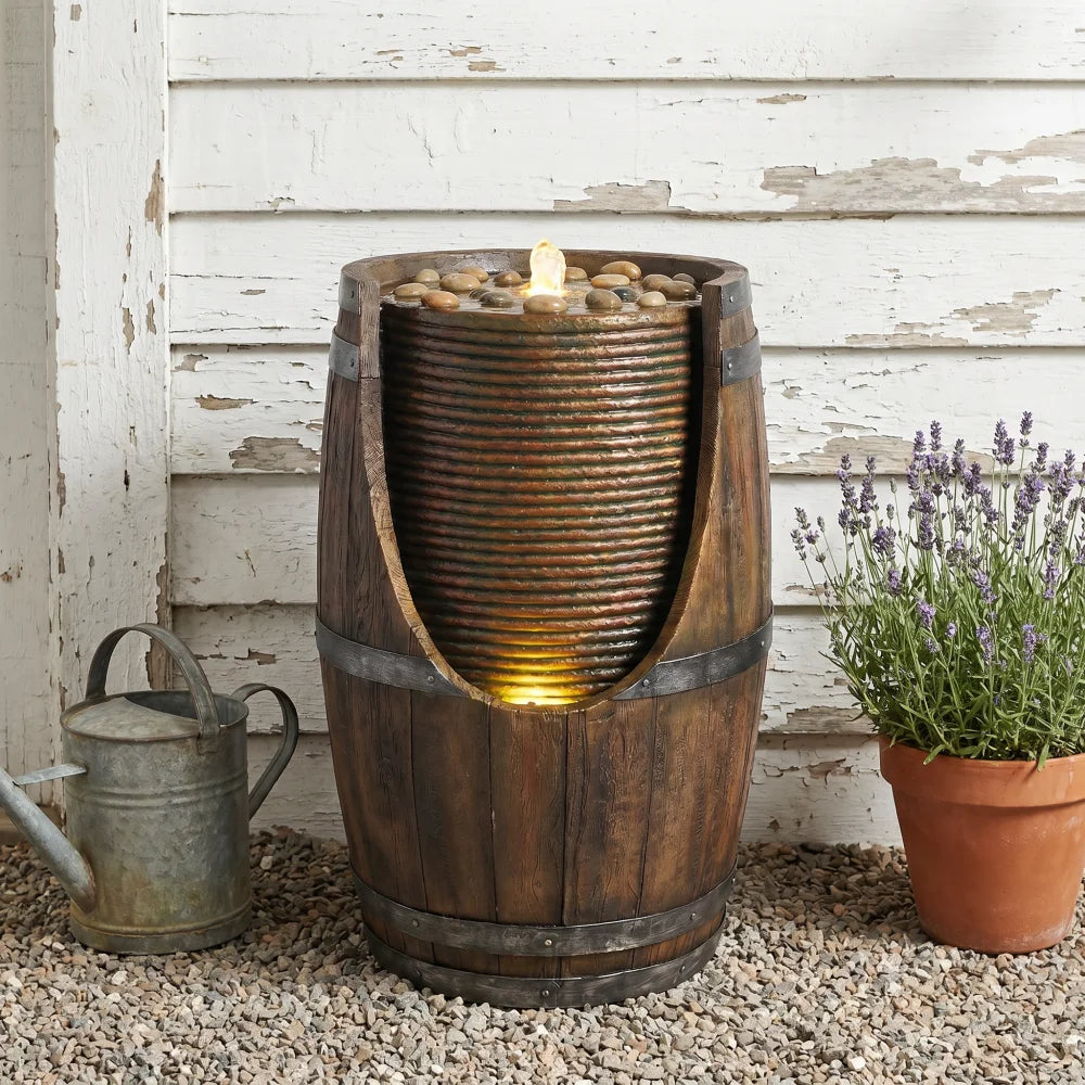 Rustic Resin Outdoor Barrel Water Fountain With Lights