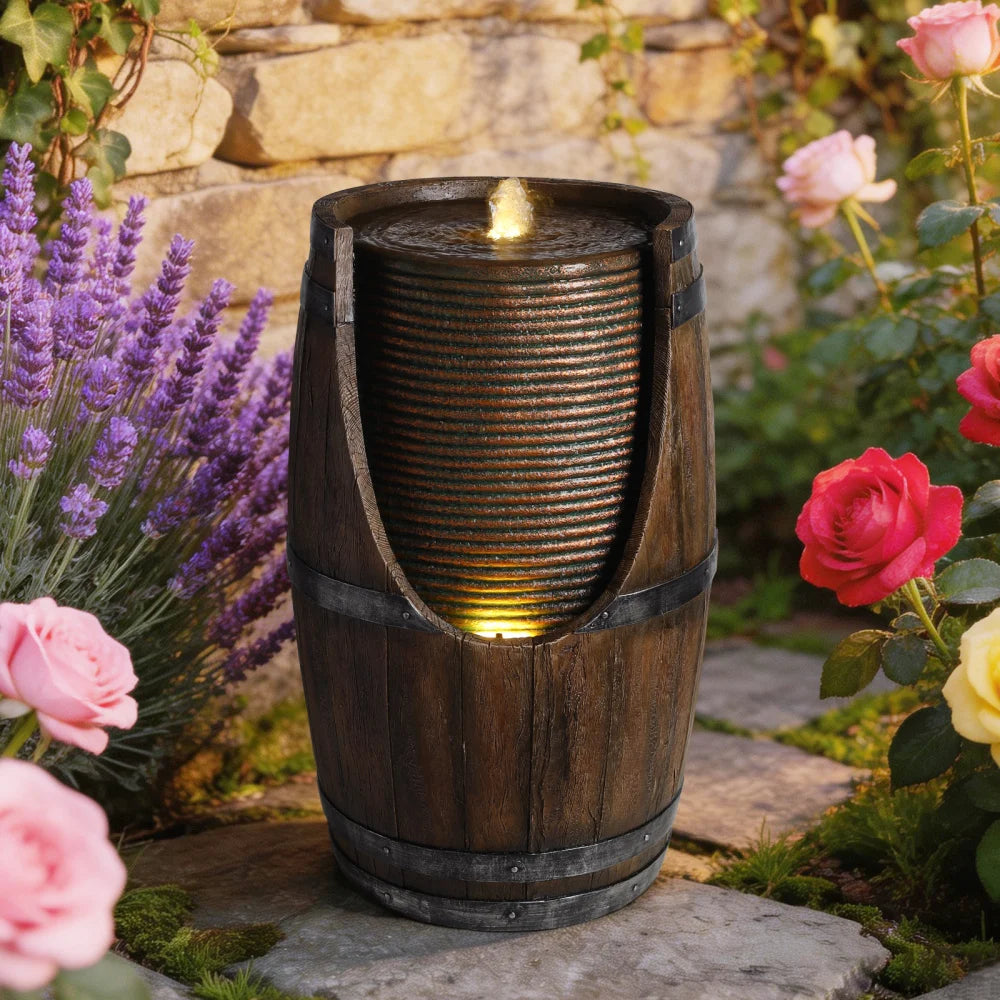 Rustic Resin Outdoor Barrel Water Fountain With Lights
