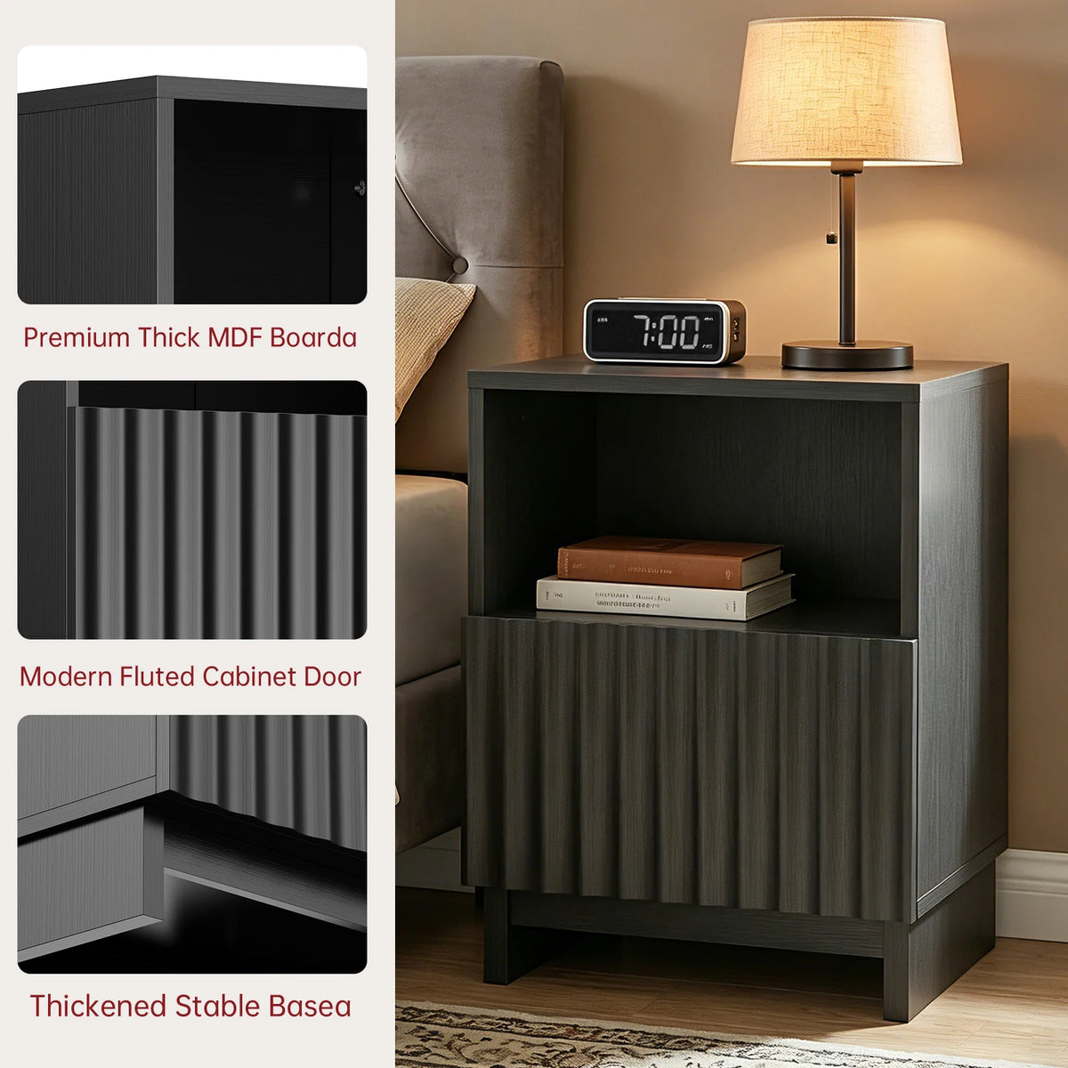 TinyNest Modern Fluted Nightstand With Storage