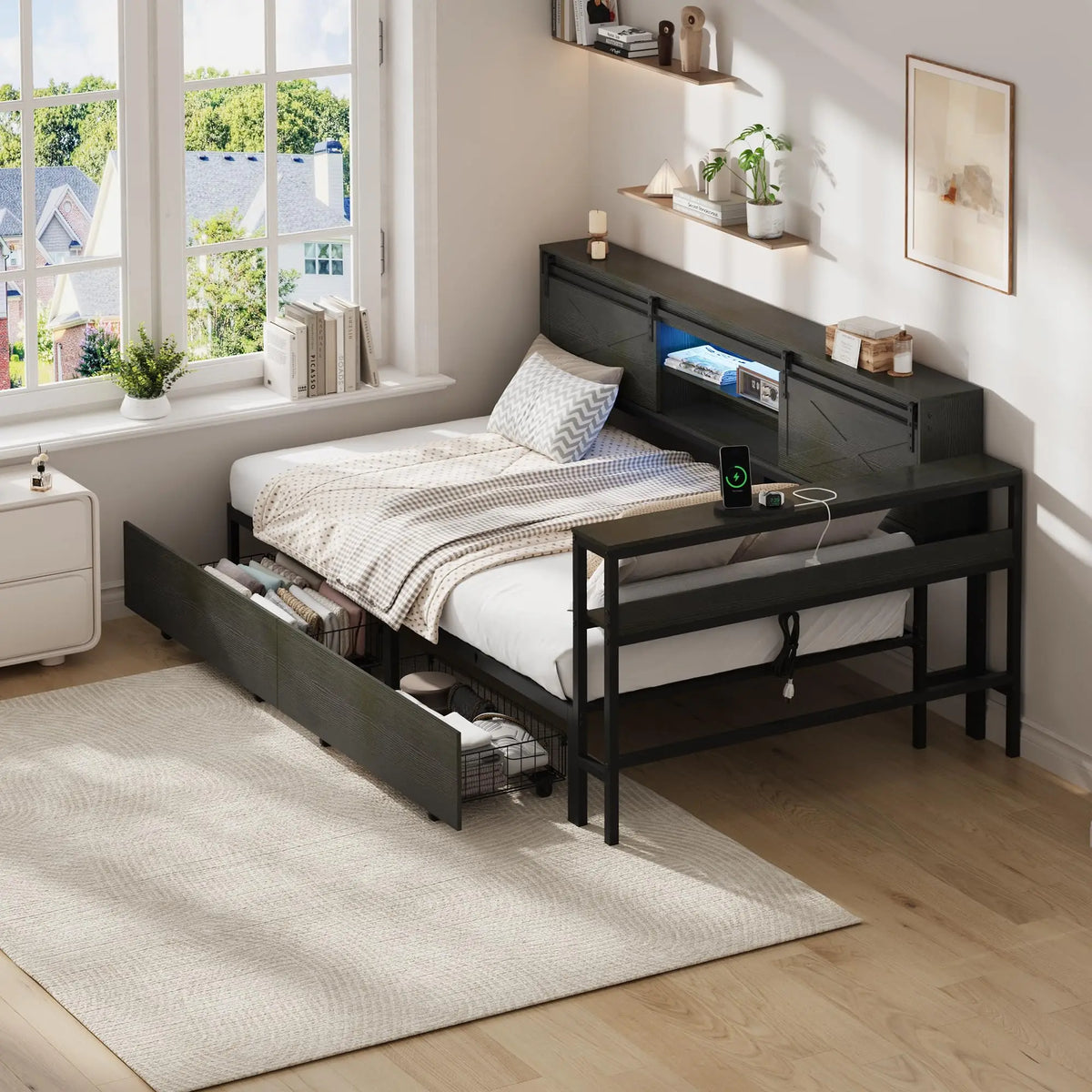HiMISS Corner Bed Frame With Desk And LED Lights
