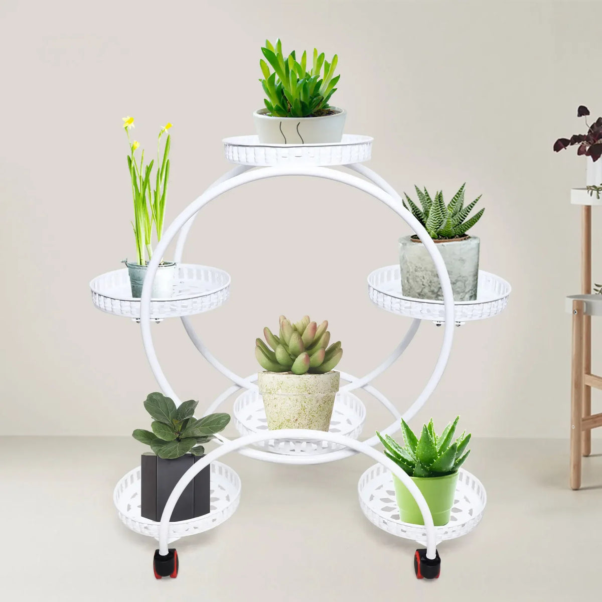 Metal Plant Stand With Wheels For 6 Pots