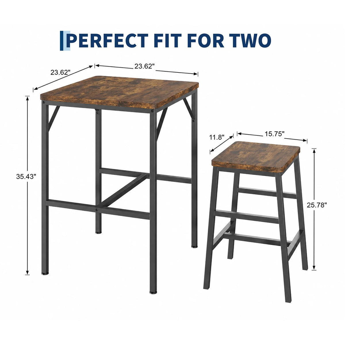 3 Piece Pub Height Dining Table Set For 2, 23.6 Inch Square Bar Table With 2 Stools, Space Saving Bistro Set For Apartment Kitchen