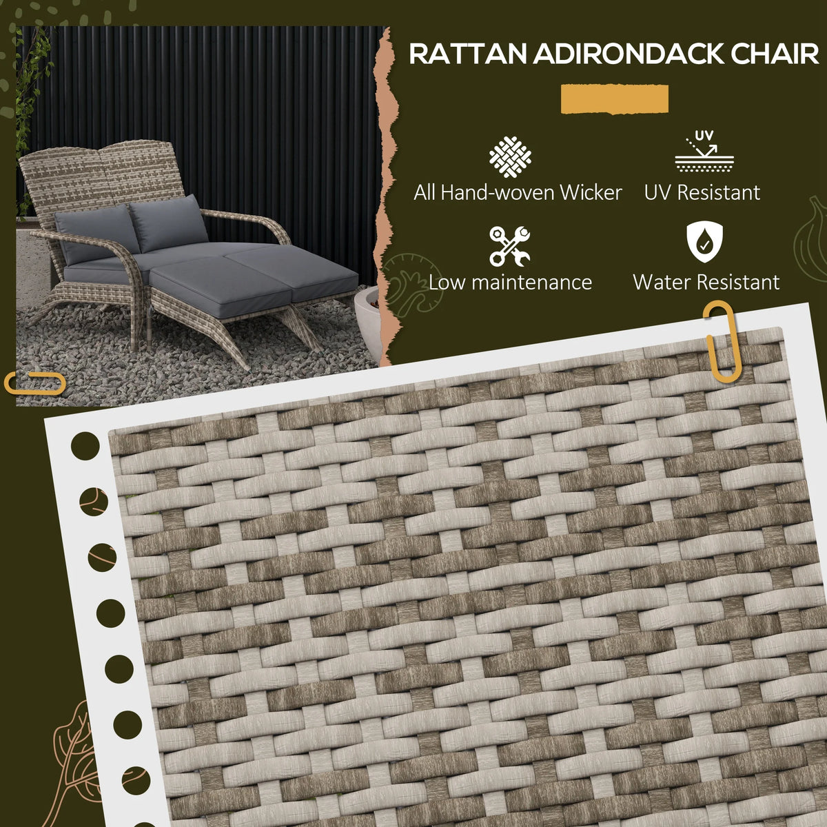 Patio Wicker Adirondack Chair with Cushion, 2-Person Fire Pit Chair