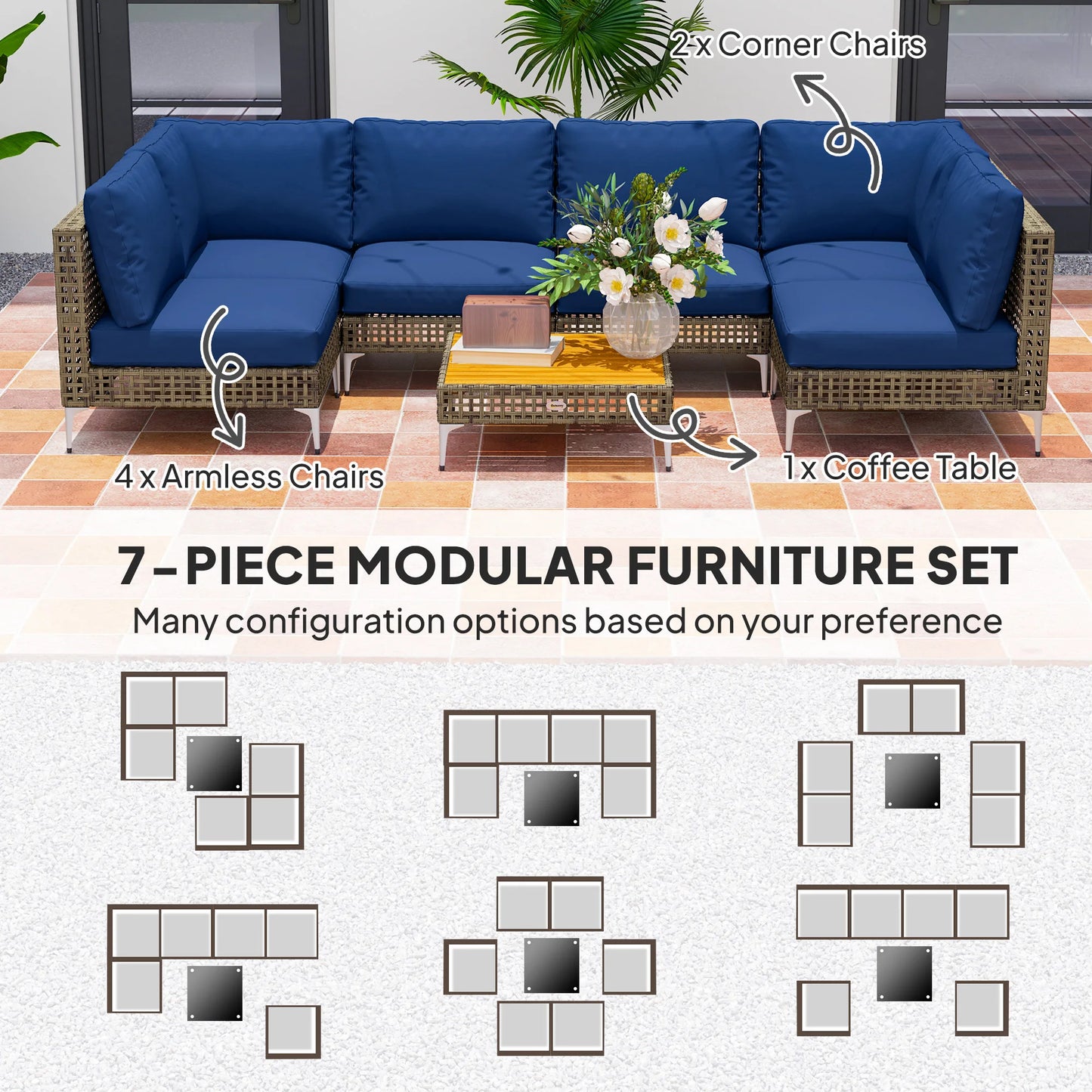 7 Piece Wicker Patio Furniture Set, Modular Outdoor Sectional Conversation Set with Thickened Cushions, Acacia Wood Table, Brown/Dark Blue