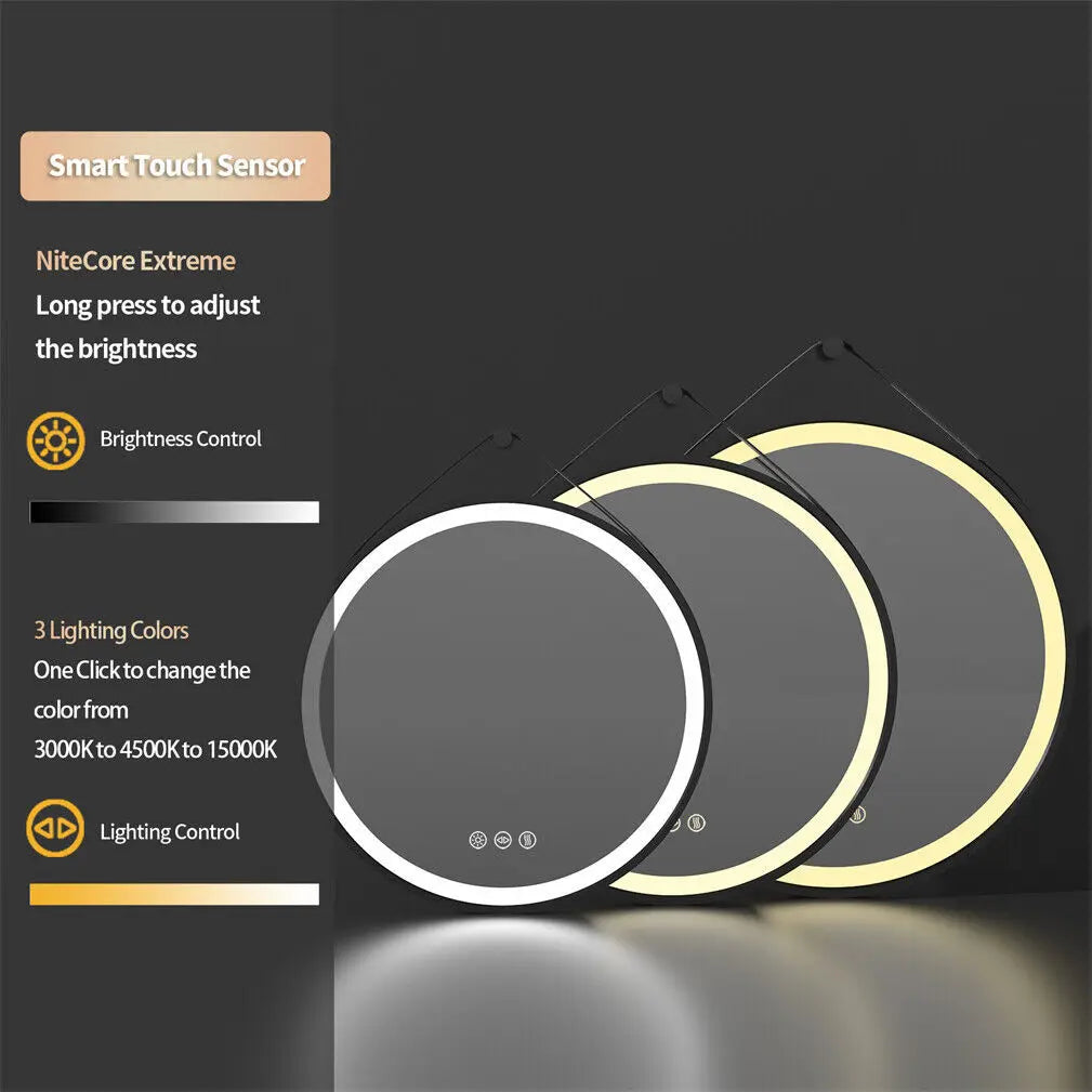 LED Bathroom Mirror 600/700/800mm Round Illuminated Wall Mirror Anti-fog, Dimmable, with Leather Belt