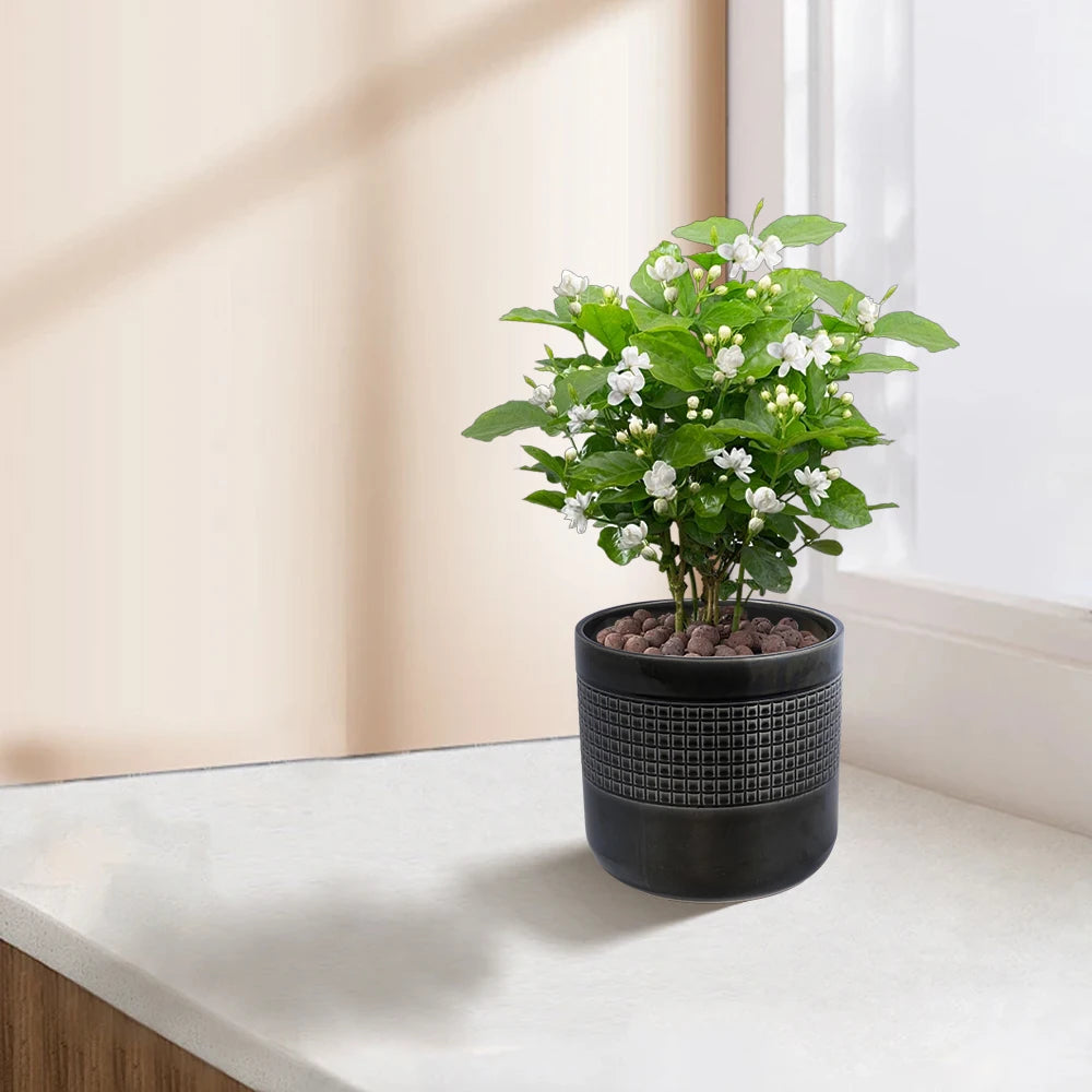 Set of 3 Handmade Black Glazed Ceramic Planters, 9/7/6 Inch Grid Pattern Plant Pots, Porous Clay with Drainage Holes, Ideal for Succulents Cacti, Indoor Outdoor Table and Shelf Decor