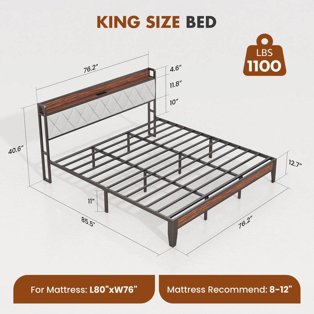 JHK Heavy Duty Metal Bed Frame With Charging Station