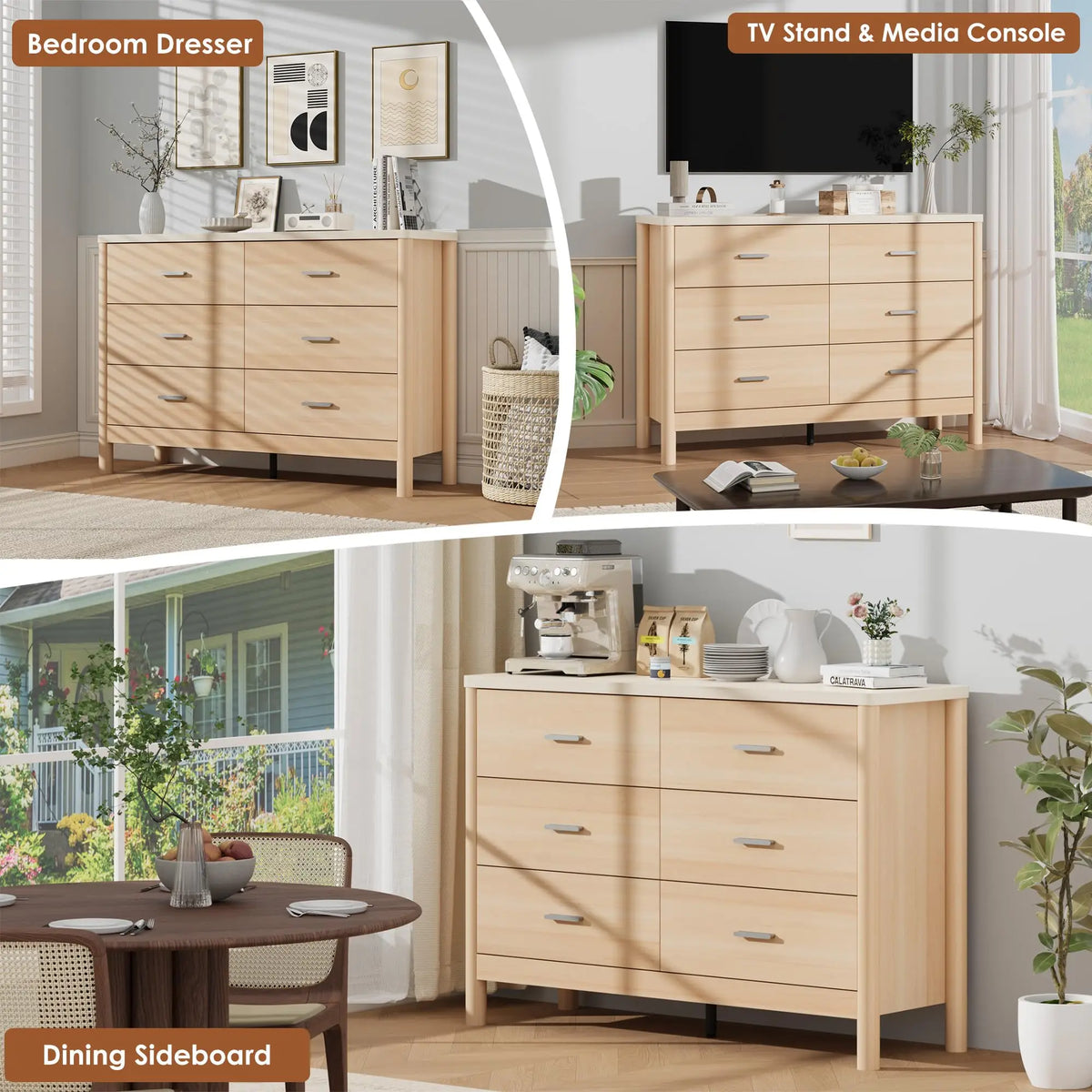 6 Drawer Dresser, Wooden Chest Of Drawers With Metal Handles, Freestanding TV Storage Cabinet For Bedroom, Living Room, Entryway
