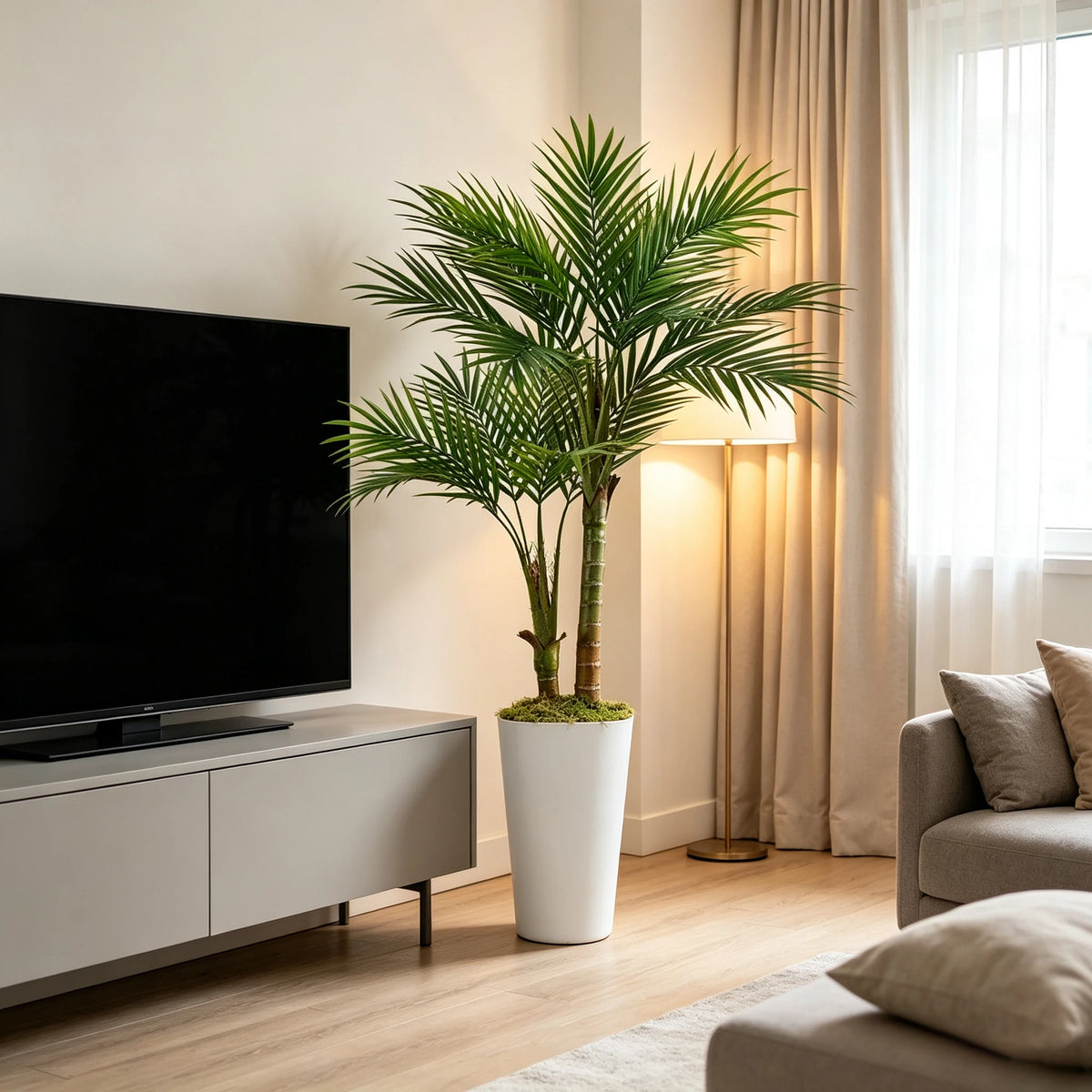 60inch Artificial Areca Palm Tree Fake Palm Tropical Plants with White Tall Planter, Faux Floor Silk Plant in Pot, Large Trees for Home Office Living Room Decor House Warming, Indoor Outdoor