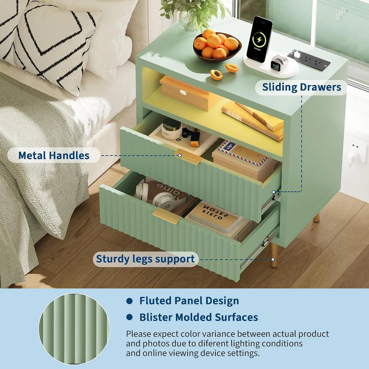 Garvee LED Nightstand With Charging Station And Two Drawers
