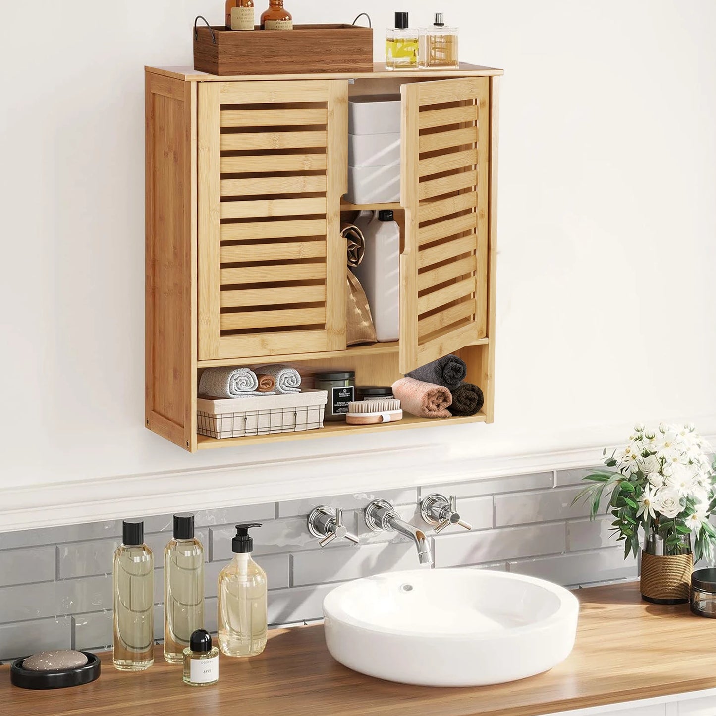 Bamboo Wall Mounted Bathroom Cabinet With Adjustable Shelves