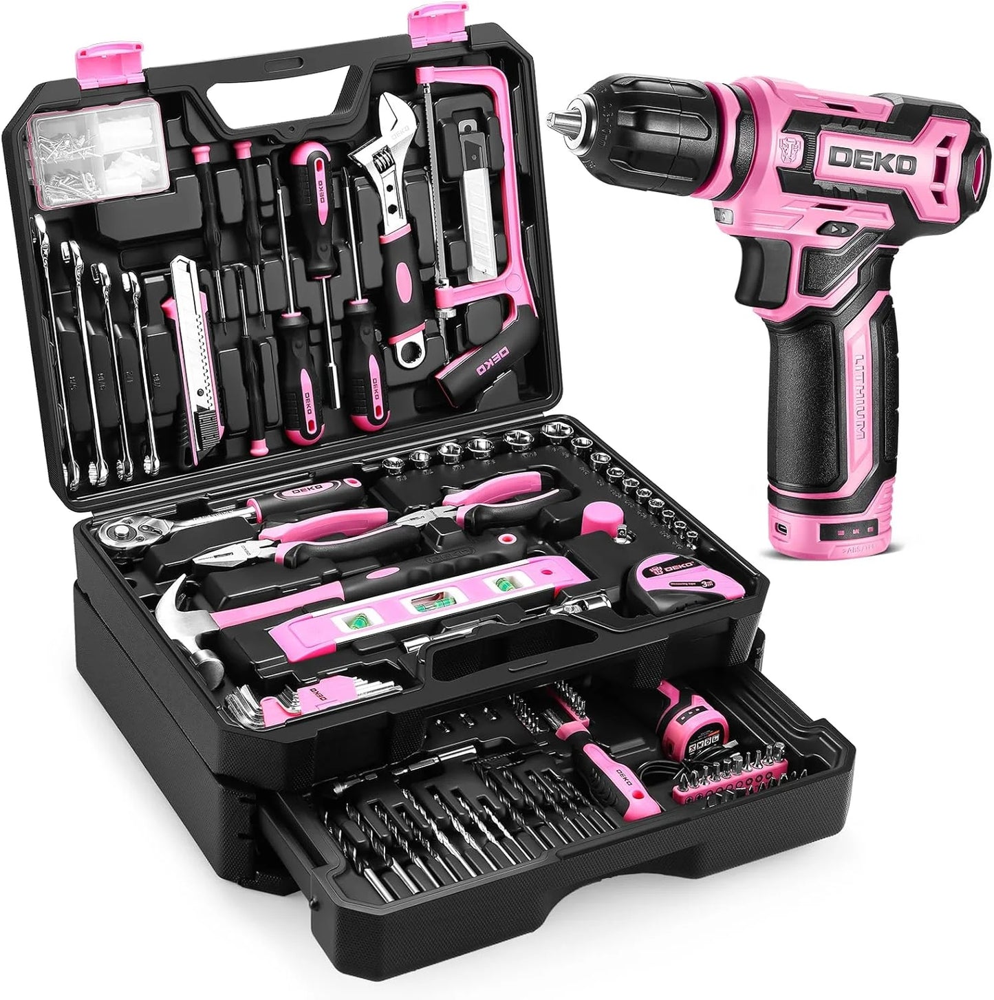 DEKO 12V Cordless Drill And Mechanic Toolbox Kit