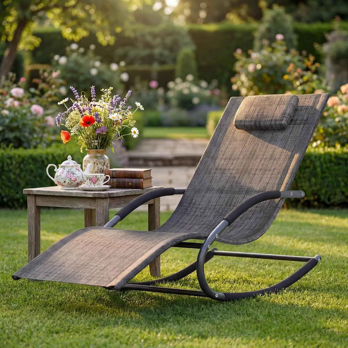 Outdoor Rocking Lounge Chair With Detachable Pillow, Patio Reclining Chaise Chair With Cushion For Porch Garden Lawn Deck Poolside