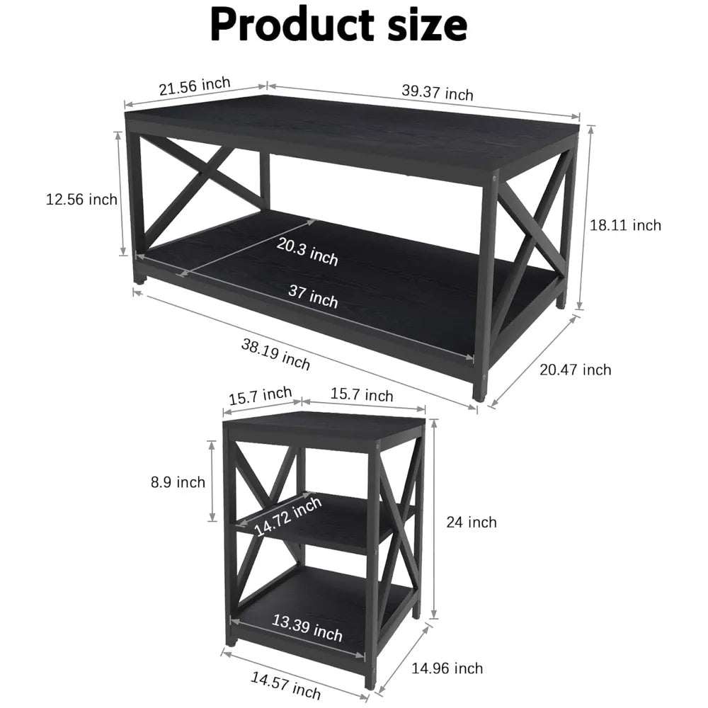 Living Room Coffee Table Set of 3, Industrial X-Design Coffee Table and 2 End Side Tables, 3 Piece Living Room Table Set