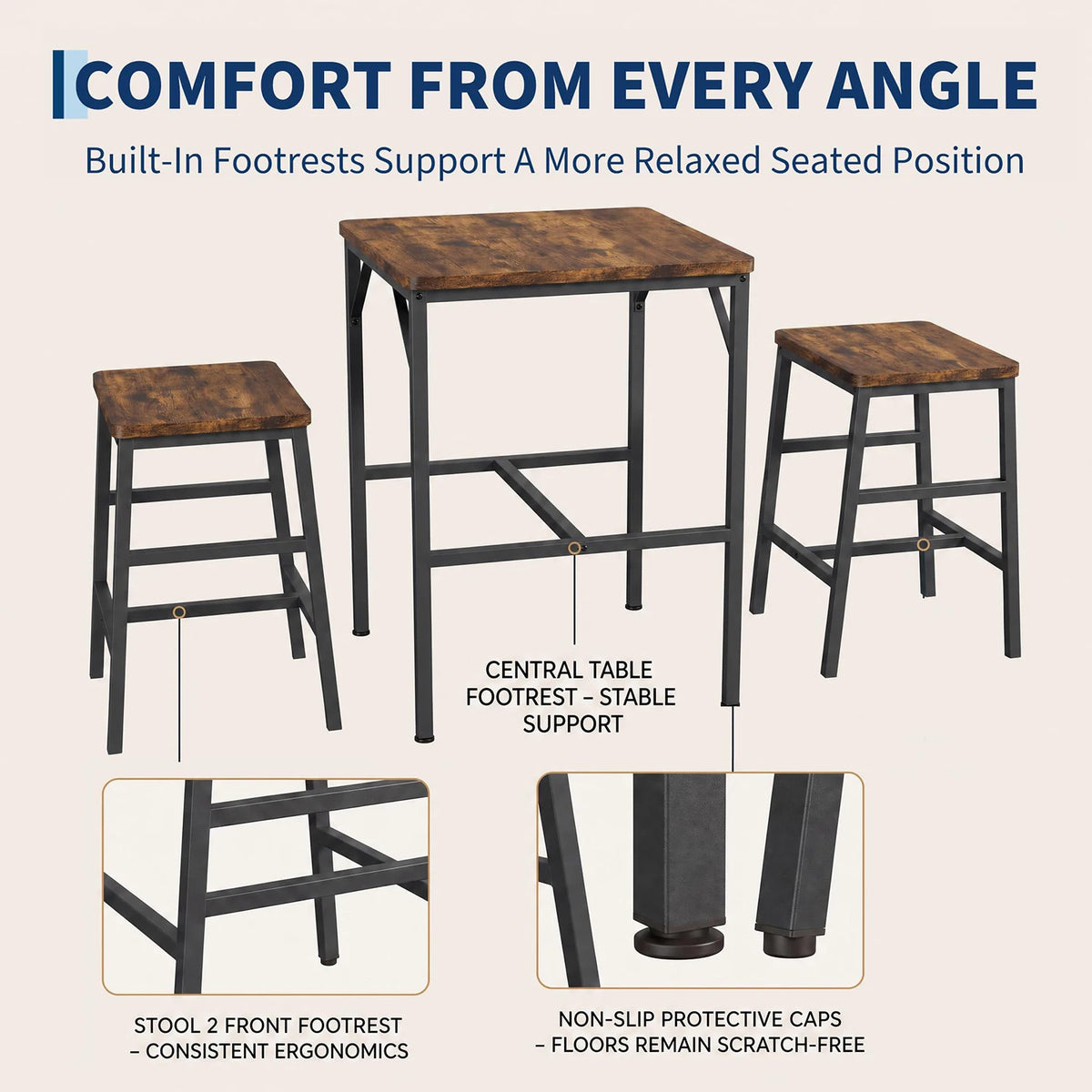 3 Piece Pub Height Dining Table Set For 2, 23.6 Inch Square Bar Table With 2 Stools, Space Saving Bistro Set For Apartment Kitchen