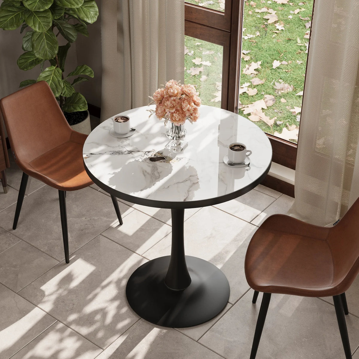 77cm Round Dining Table for 2-3 People Sintered Stone-top Stable Base Coffee Table Circle Kitchen Tables Chairs No Included