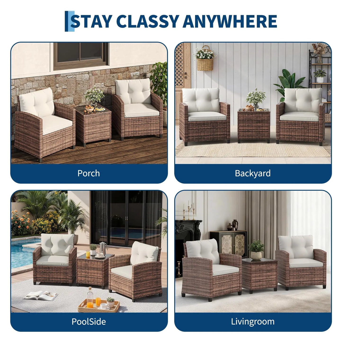 HiMISS Outdoor Wicker Bistro Set With Table And Cushions