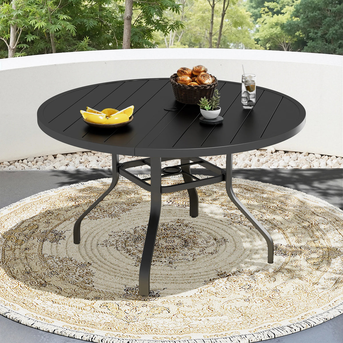 Farini Outdoor Round Patio Iron Dining Table Umbrella Hole