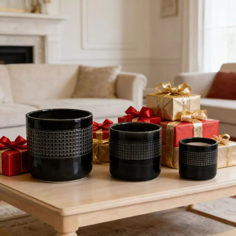 Set of 3 Handmade Black Glazed Ceramic Planters, 9/7/6 Inch Grid Pattern Plant Pots, Porous Clay with Drainage Holes, Ideal for Succulents Cacti, Indoor Outdoor Table and Shelf Decor