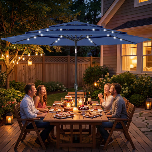 9.7 ft Outdoor Patio Umbrella with Lights, Navy Blue