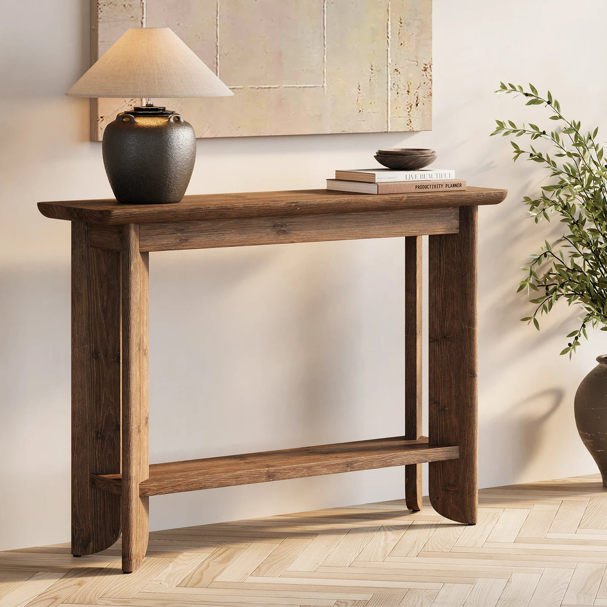 Tribesigns Walnut Solid Wood 2 Tier Console Table