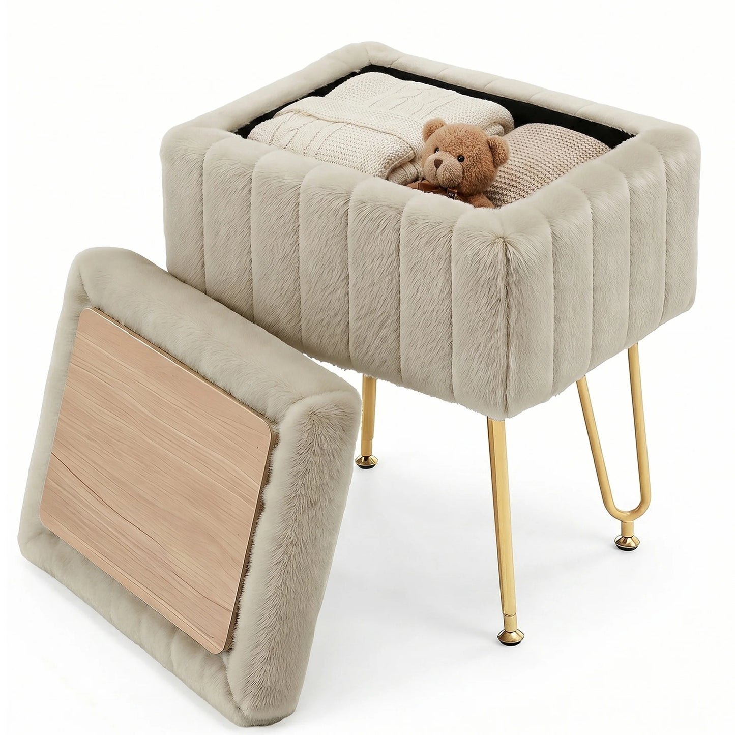 JHK Ottoman Faux Fur Vanity Stool With Storage