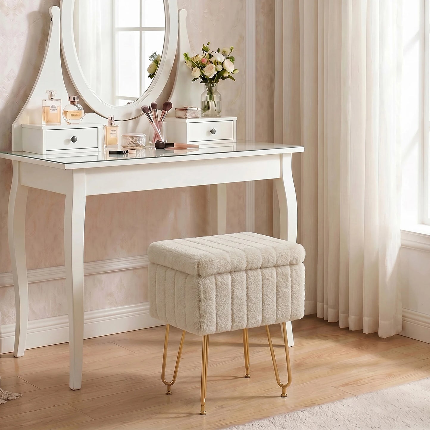 JHK Ottoman Faux Fur Vanity Stool With Storage