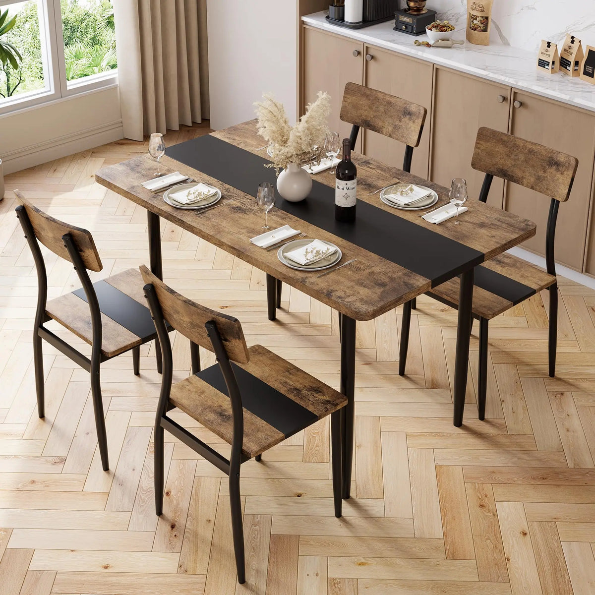 Dining Table Set For 4 With Chairs, Kitchen Table, 2 Tone MDF Top Metal Frame, Space Saving Set For Apartment Home