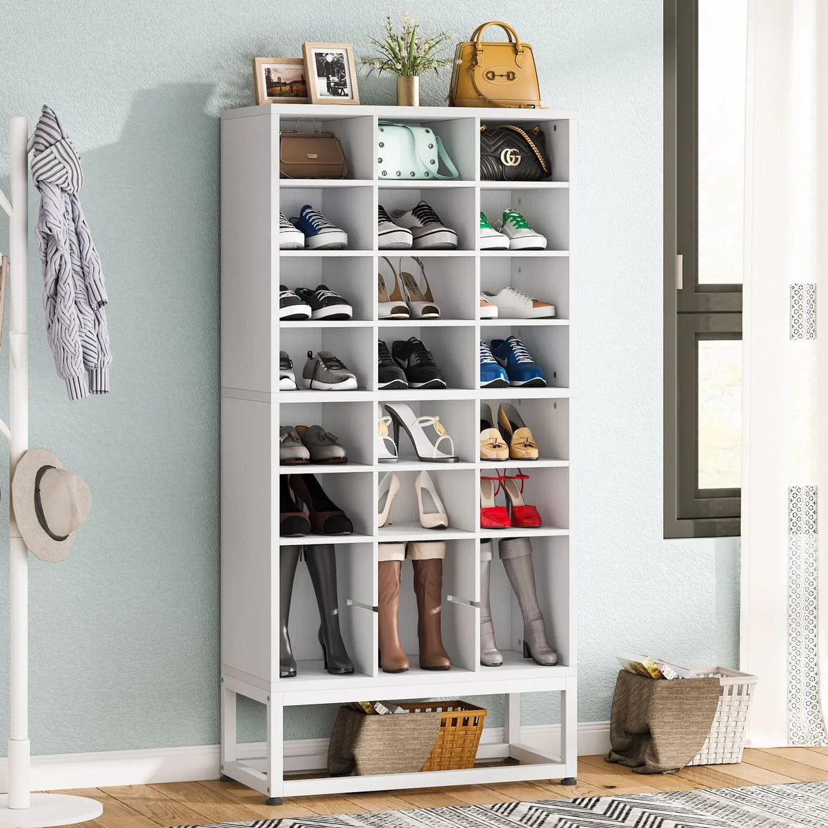 Tribesigns Wooden Shoe Cabinet 8-Tier Display Shelf Rack Stand White Wood Cube Shelf