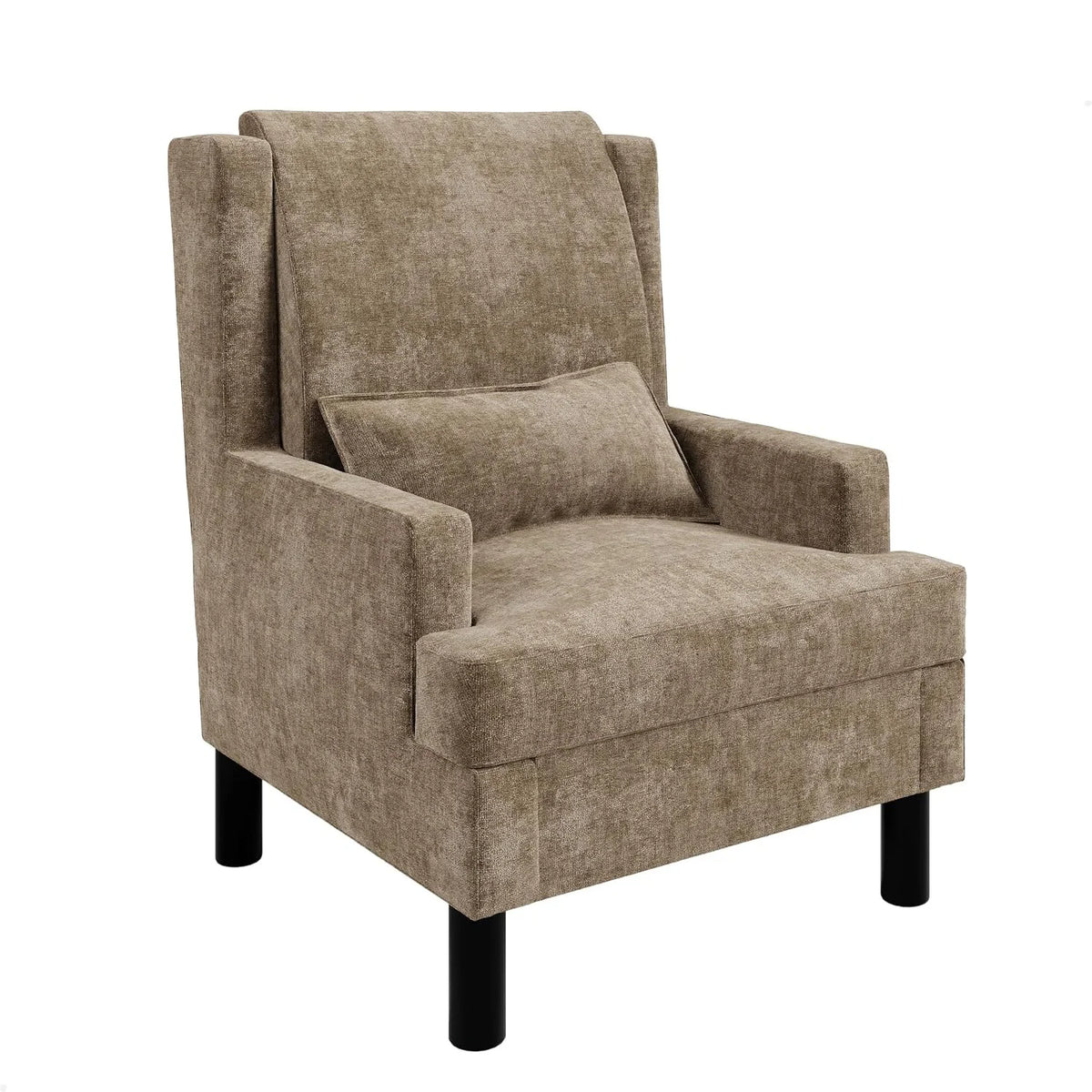 Mid Century Modern Wingback Accent Chair, Upholstered Chenille Reading Armchair With Lumbar Pillow, High Back, Wood Legs For Living Room