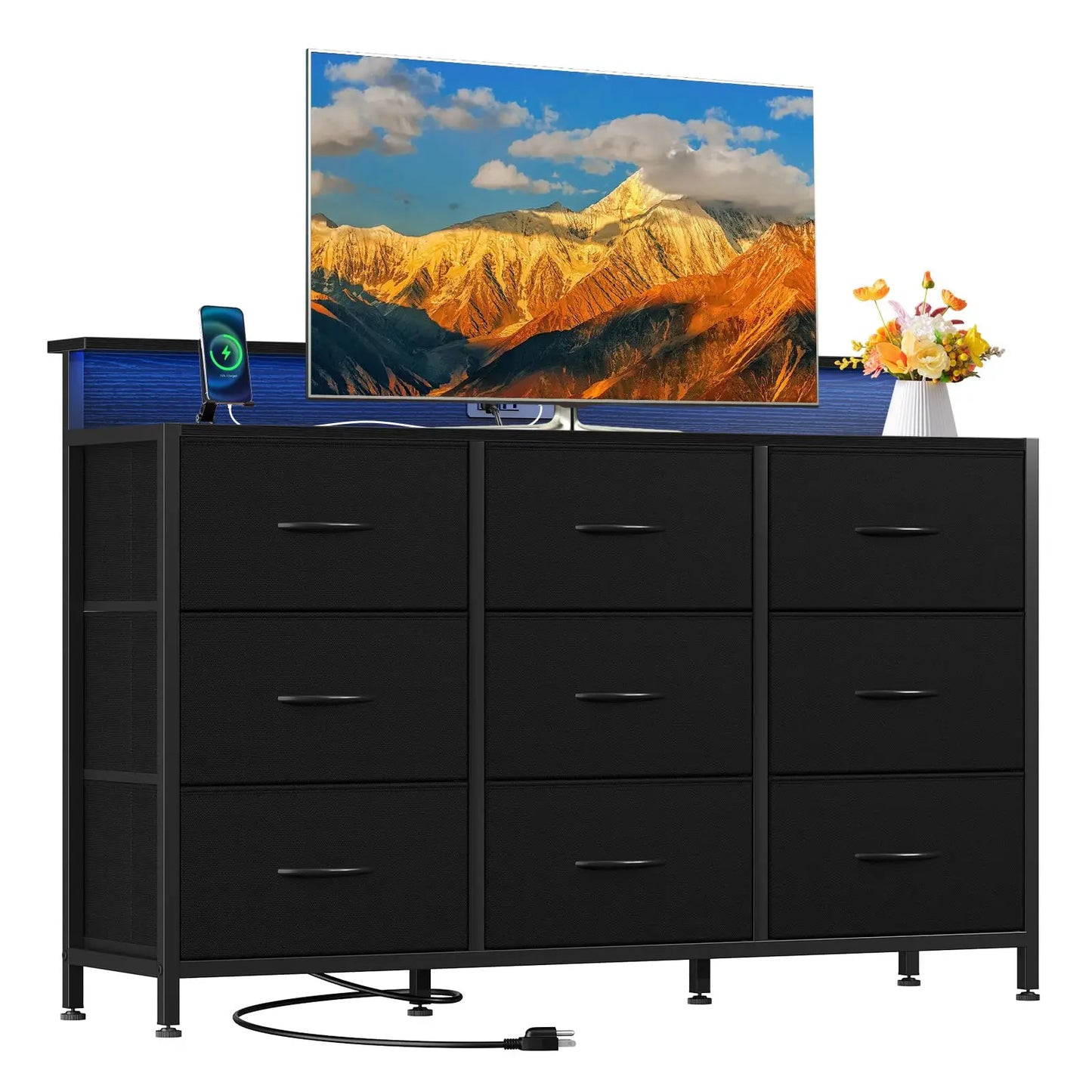 JHK TV Stand Dresser With Fabric Drawers And Wood Top