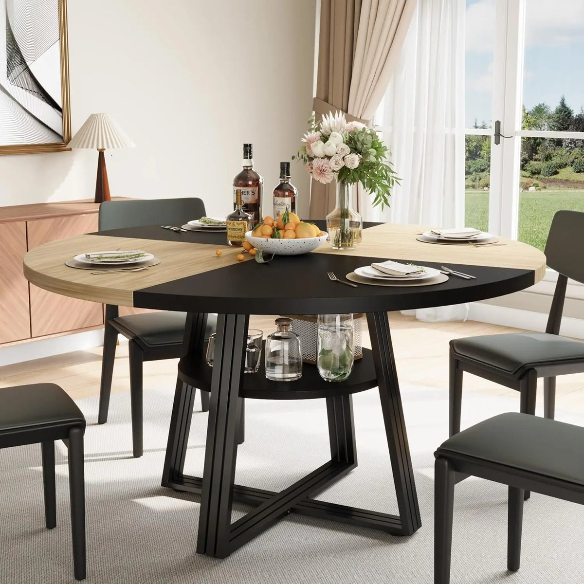 Farmhouse Round Dining Table 47 Inch, Scratch-Proof Wood Top Dinner Table with Under Table Open Storage Shelf, Reinforced Metal Cross Legs, Seats 4-6 for Kitchen Dining Room Small Apartment