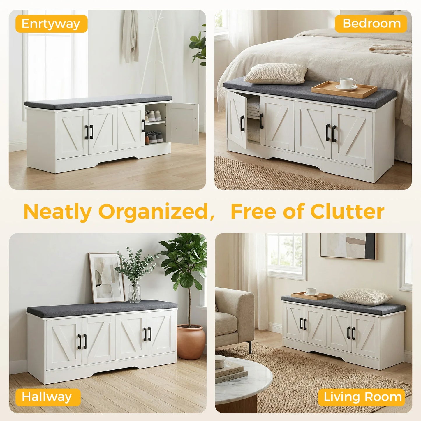 JHK Storage Bench Shoe Organizer Cabinet With Padded Seat