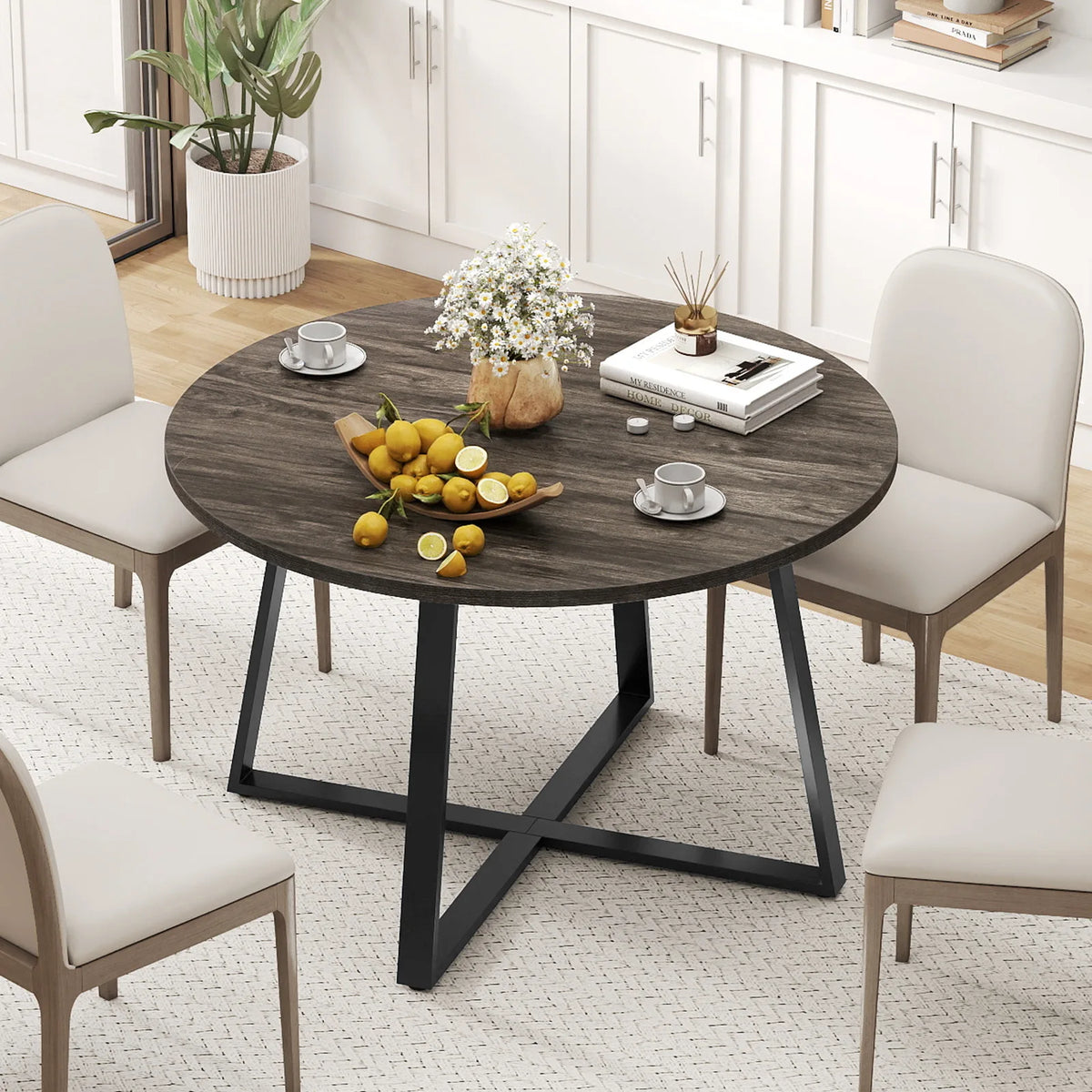 47” Round Dining Table w/ Metal Pedestal Base Stable X-shaped Base for Kitchen