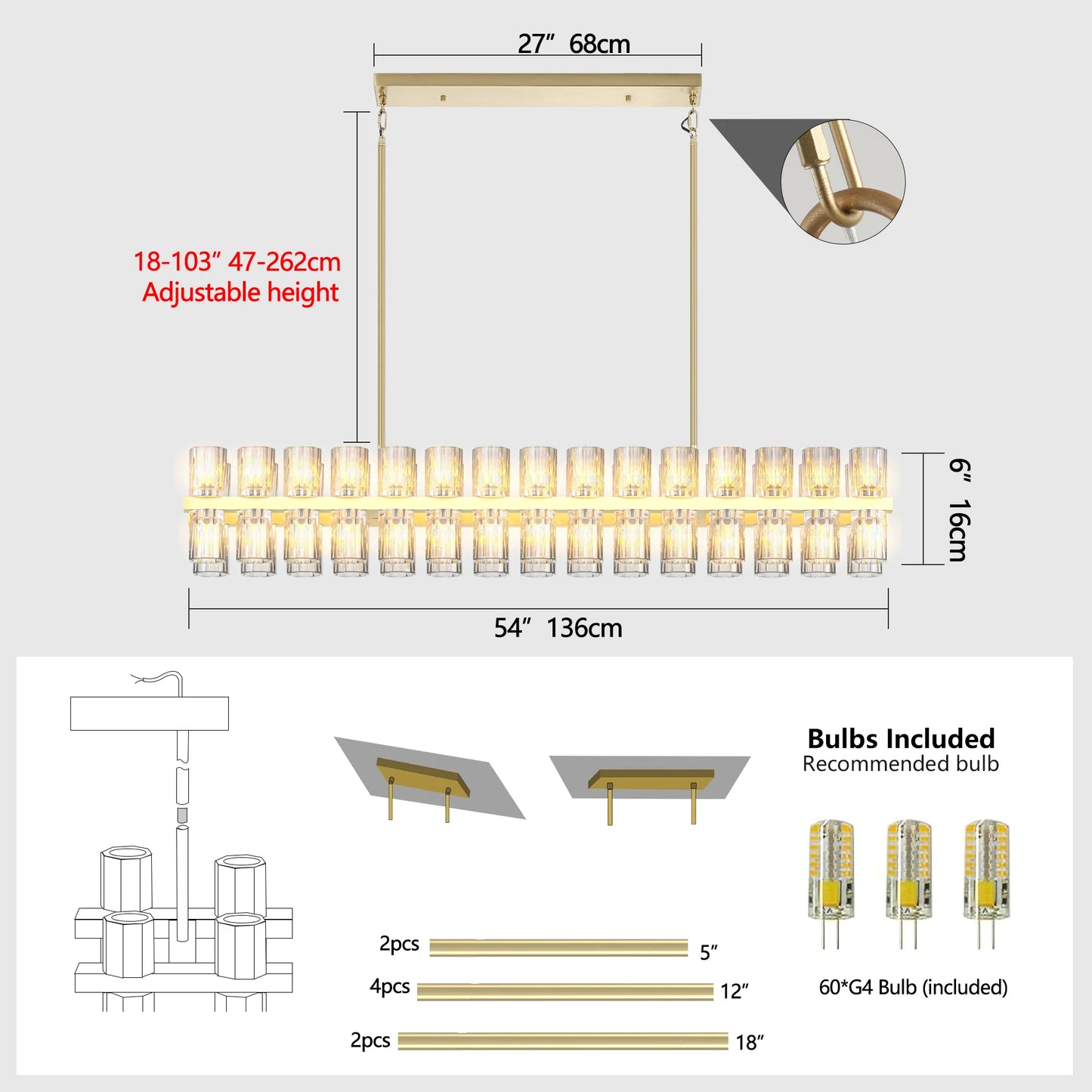 23.6 Inches Luxury Chandeliers Crystal Living Room Bedroom Decorative Lights Simple Modern Dining Room LED Lighting