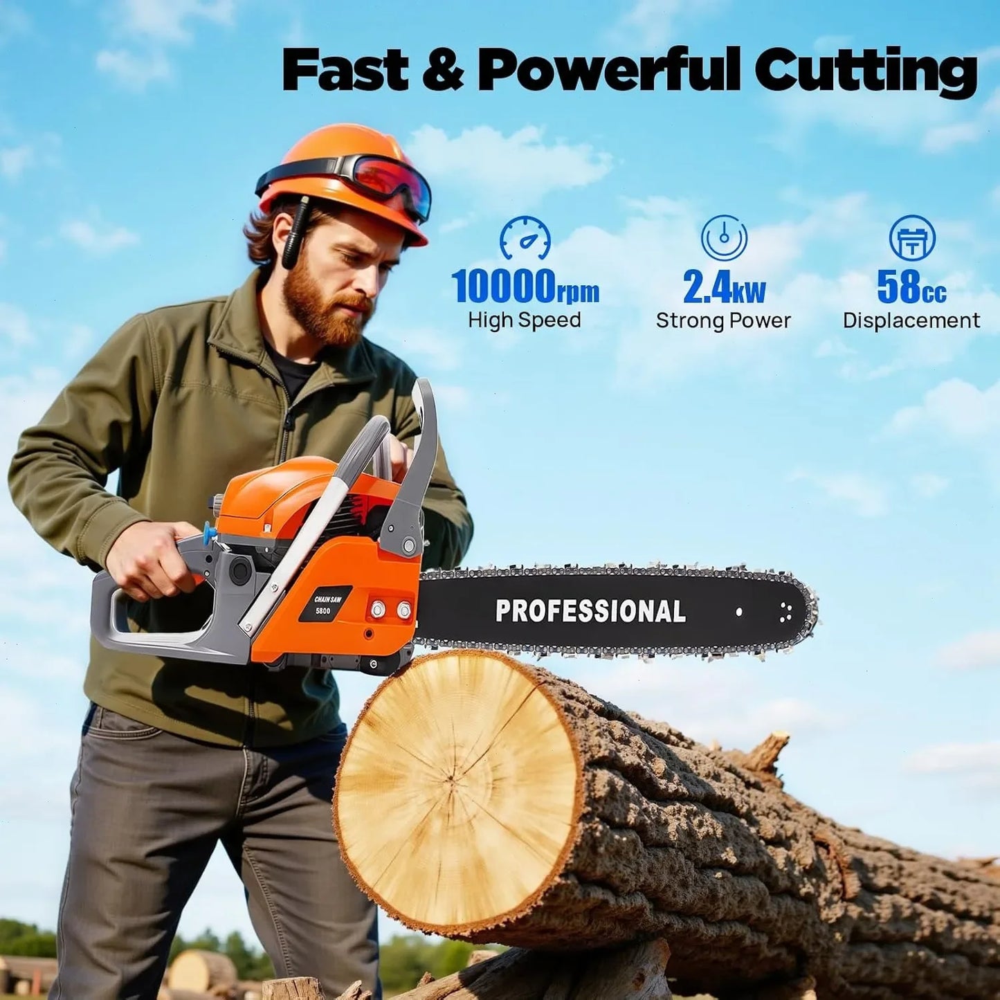 Bymaocar Gasoline Chainsaw 58cc Outdoor Garden Lawn Saw