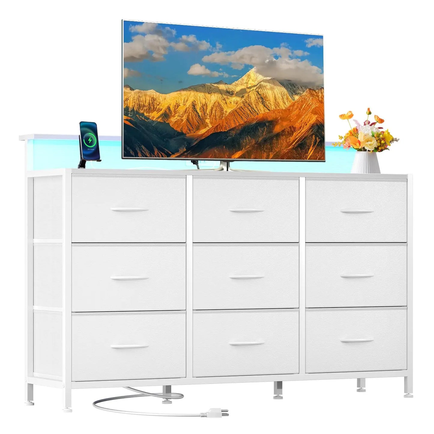 JHK TV Stand Dresser With Fabric Drawers And Wood Top