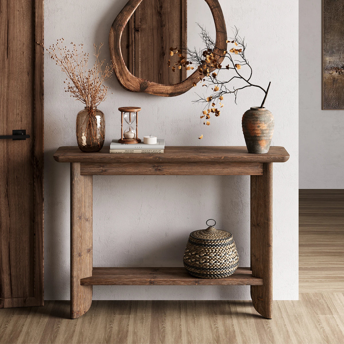 Tribesigns Walnut Solid Wood 2 Tier Console Table