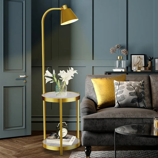 Vrygle Modern Gold 2 Tier Floor Lamp With Storage Table