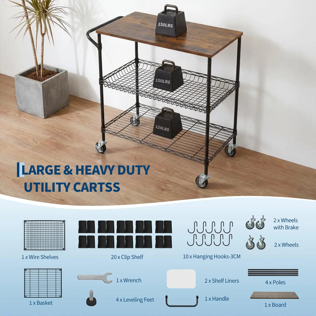 HiMISS 3-Tier Kitchen Island Cart With Locking Wheels
