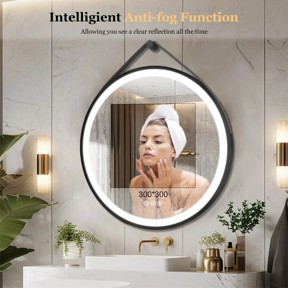 LED Bathroom Mirror 600/700/800mm Round Illuminated Wall Mirror Anti-fog, Dimmable, with Leather Belt